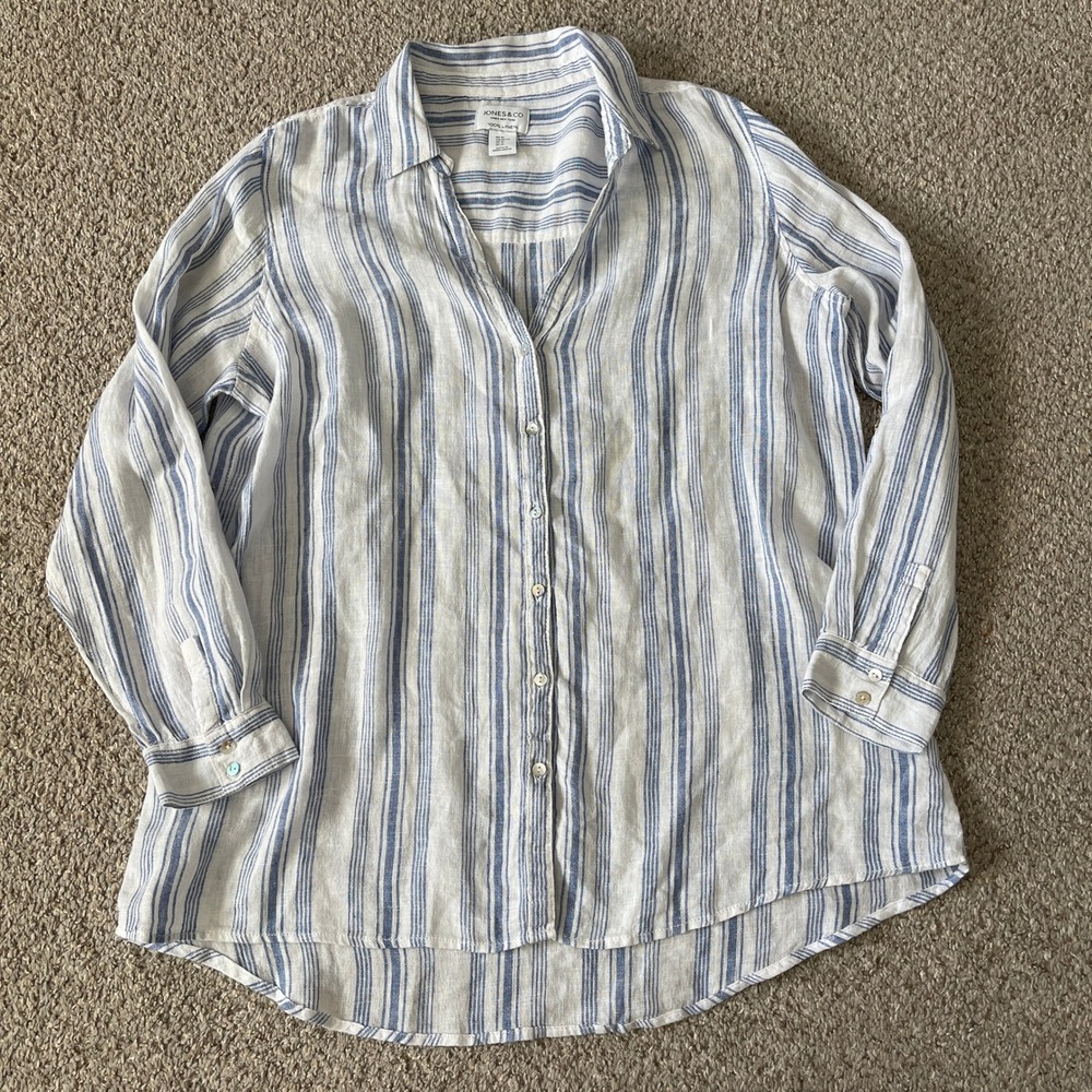 Jones & Co. Womens Blouse 100% Linen Stripes Coastal Beach Button Up XL Wht/Blue
